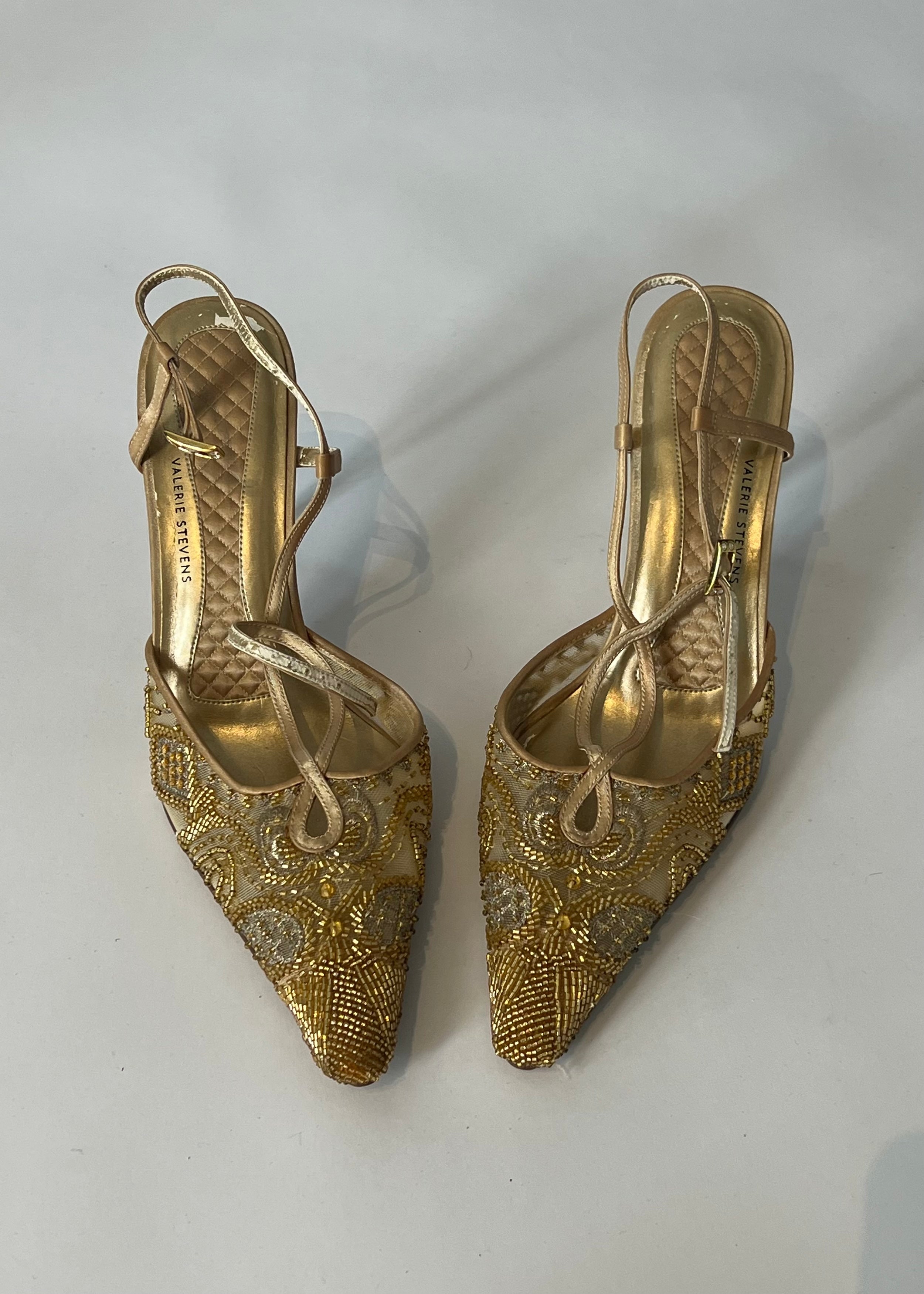 Vintage Gold Beaded Slingbacks Size 38