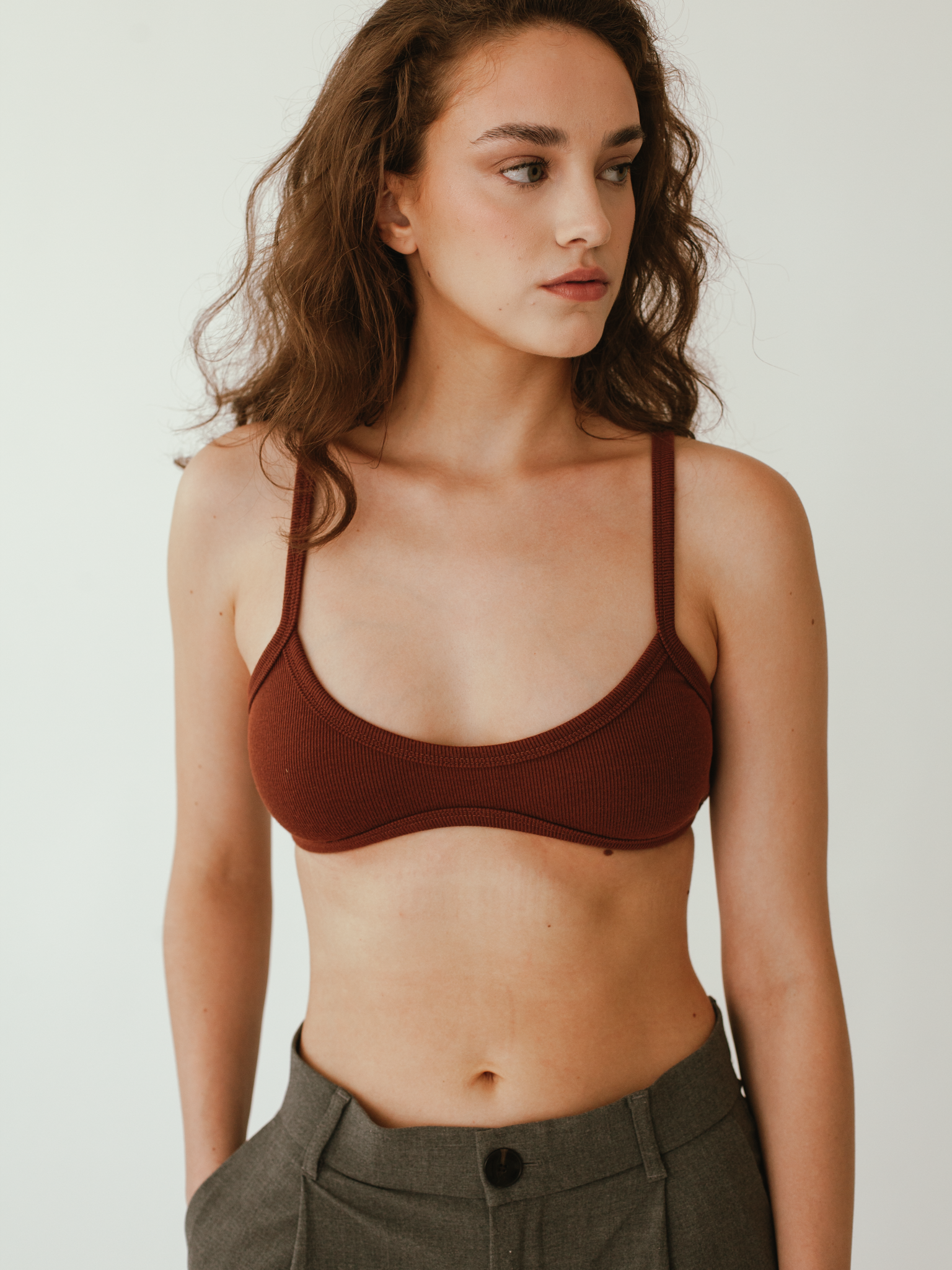 Scarlette The Label  'Moorea' Knitted Ribbed Bralette Top in Brown